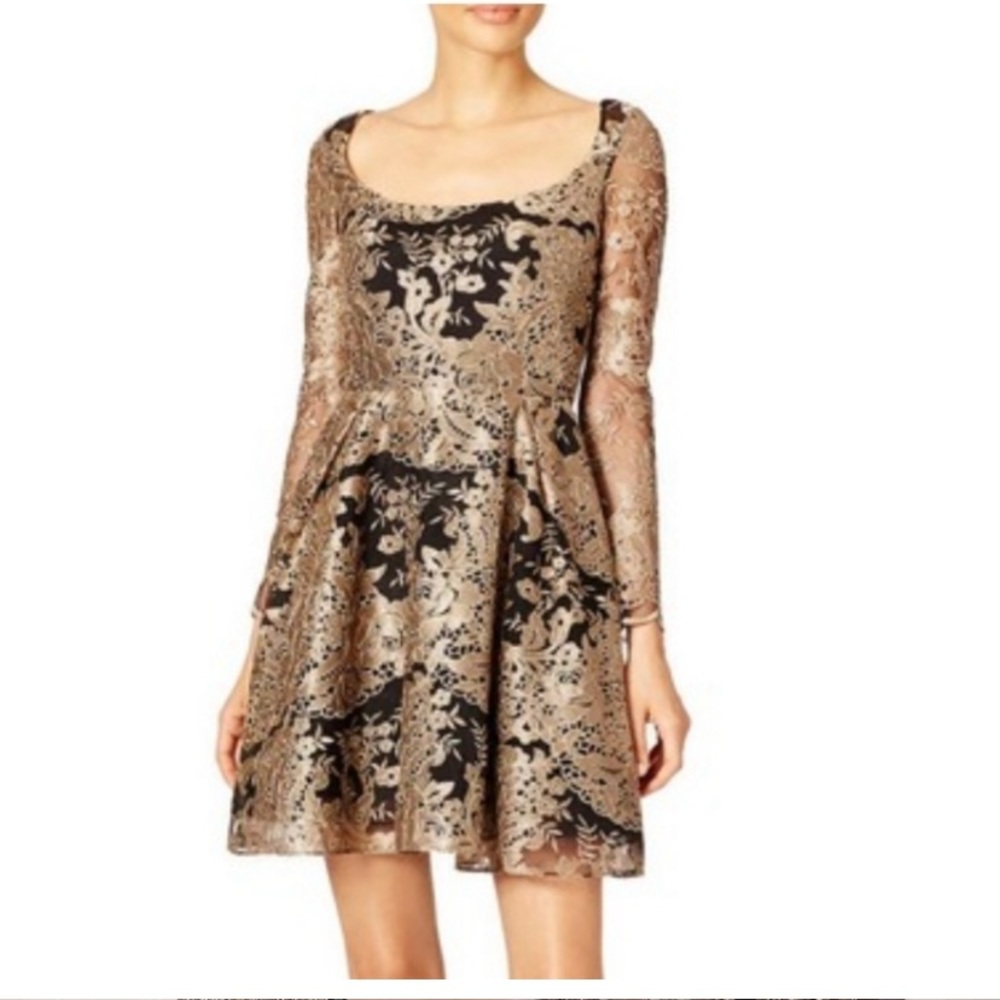 Marchesa Notte Black and Gold Lace A-Line Dress
